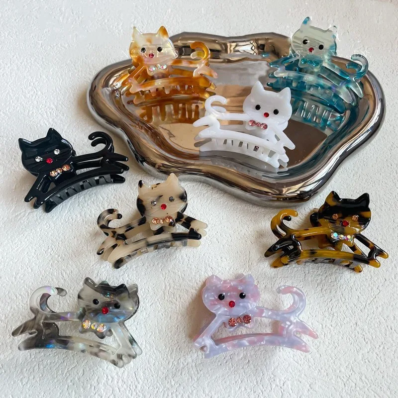 Muweordy Cute Cat Hair Clip Acetate Claw Clip Animal Hair Claw for Women Cartoon Hair Crab Clip Headwear Kawaii Hair Accessories muweordy ocean hair clip acetate claw clip clownfish lobster oyster crab hair clip animal shark clip hair accessories for women