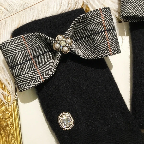 2020 Jesień/Zima Nowe Podzielone Palce Cookie Brytyjski Wzór Kokarda Styl Wełna Kaszmir Rękawiczki dla Kobiet_voghion.com