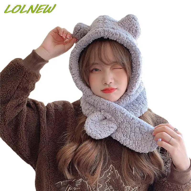 

Bear Earflap Hat Balaclava with Ear Warm 2022 Winter Hat Women Girl Hood Beanie Caps Casual Plush Scarf-Collar Gift Streetwear