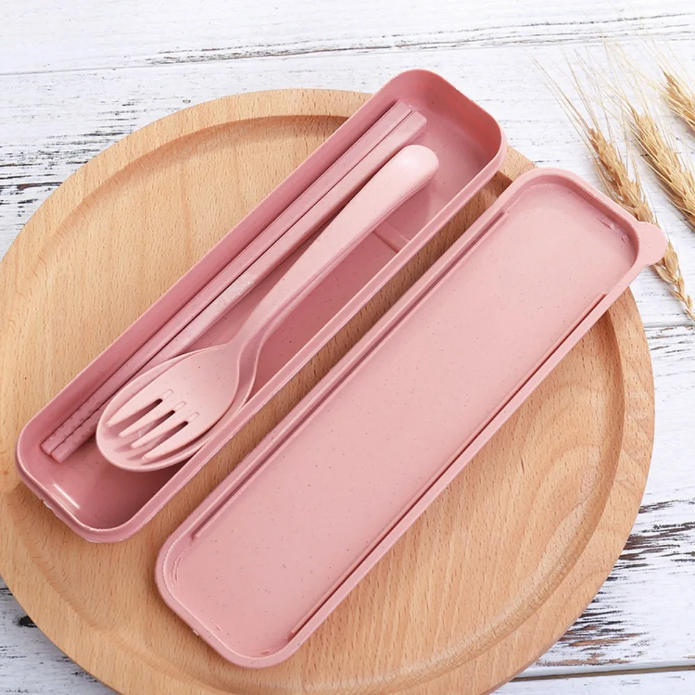 Gift Plastic Cutlery Set Simplicity Portable Spoon With Storage Box Wheat Straw Tableware