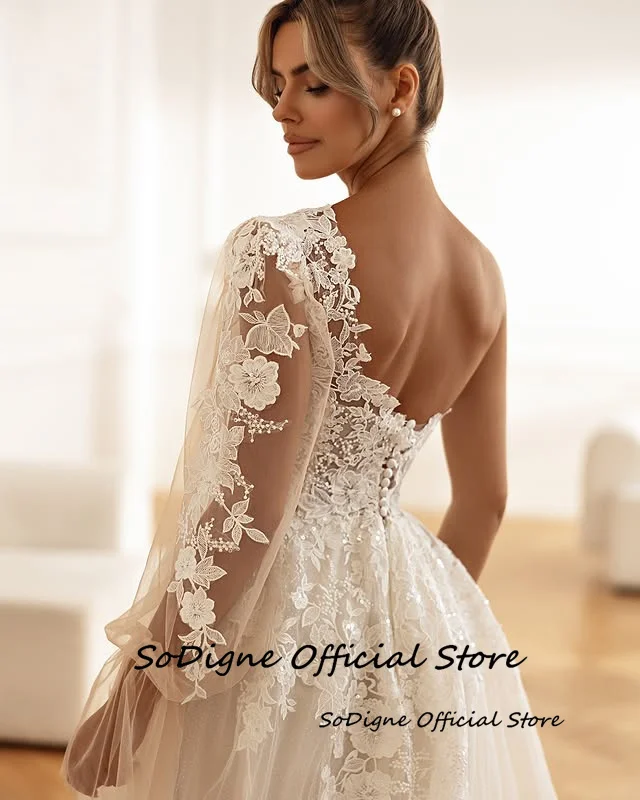 SoDigne A-line Tulle Appliques Wedding Dresses One Shloudler Split Bridal Dress Long Wedding Gown Robe De Mairee Customized 14 S68cdd45bcfe842e9ae0cbac443ee70beS