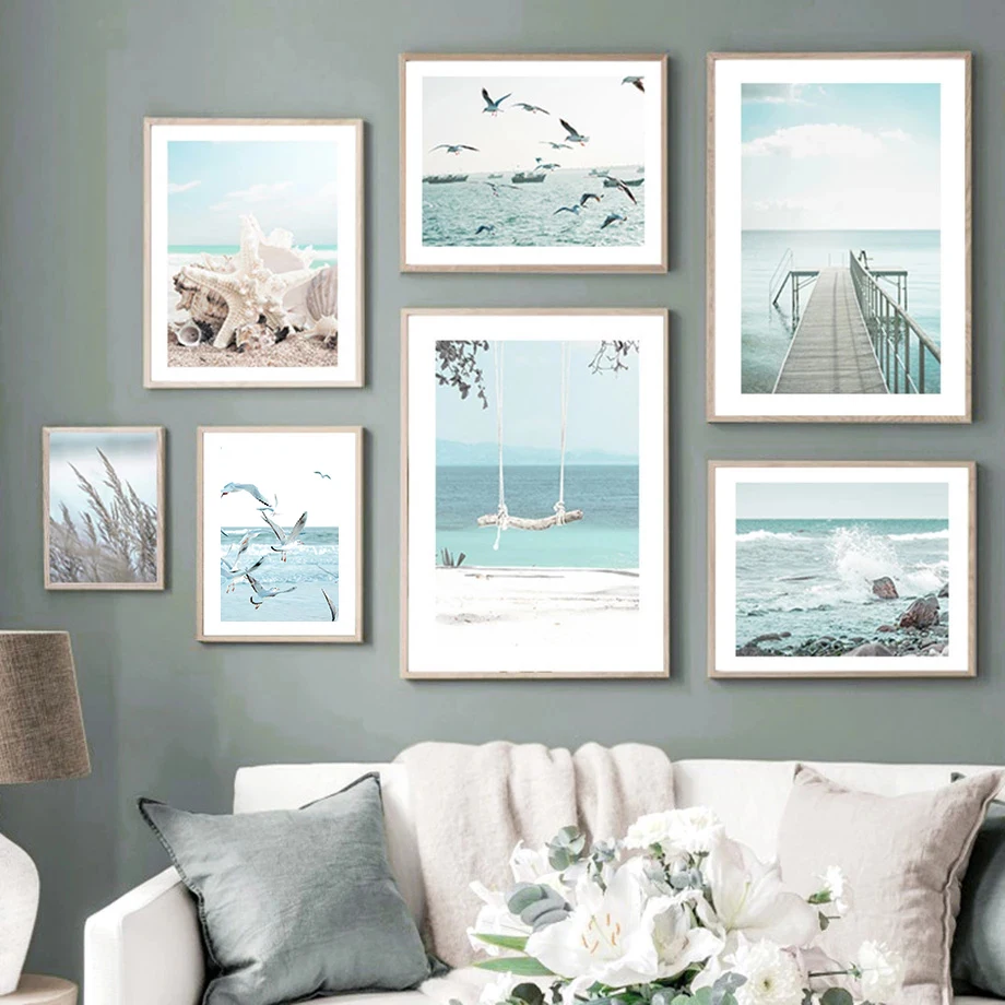 Green Blue Beach Scenery Picture Canvas Painting Wall Art Fresh Seagull Landscape Poster E Print Modern Home Living Room Decor