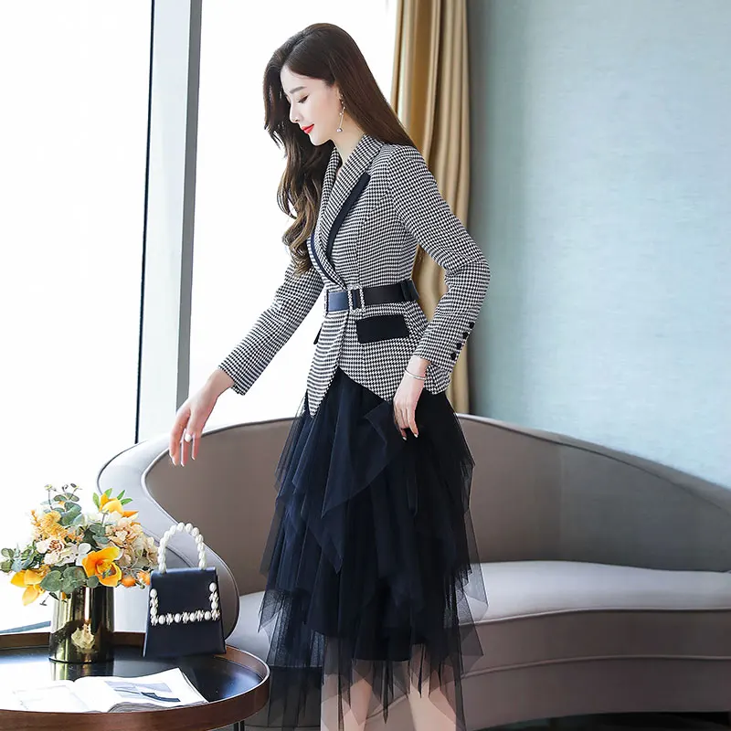 Pleated Skirt Suit Checkered Blazer And Skirt Set New Korean Plaid Belt  Blazer Suit Jacket High Elastic Waist Mesh