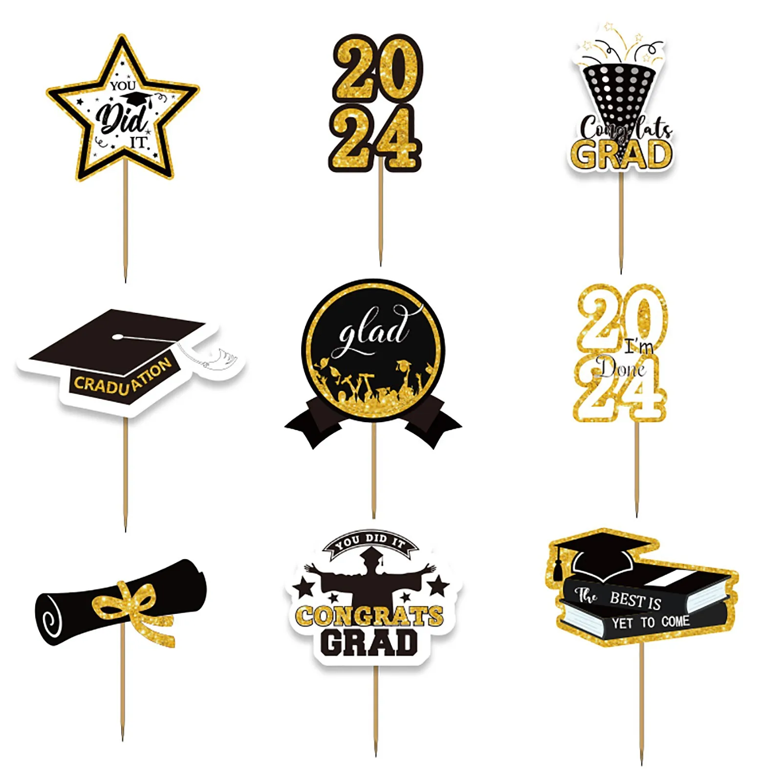 

2024 Graduation Decoration Class 36pcs Black And Gold Graduation Center Stick Graduation Party Decorations For Adults Bundle