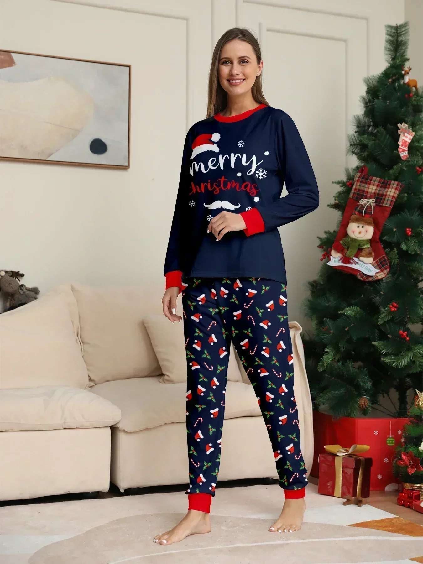 thumbnail image 5 of Conjunto de pijama con estampado de Feliz Navidad para mamá, para adultos y niños, camiseta de manga larga y pantalones largos, traje de 2 piezas, mameluco para perro, pijama de aspecto familiar navid, 5 of 5