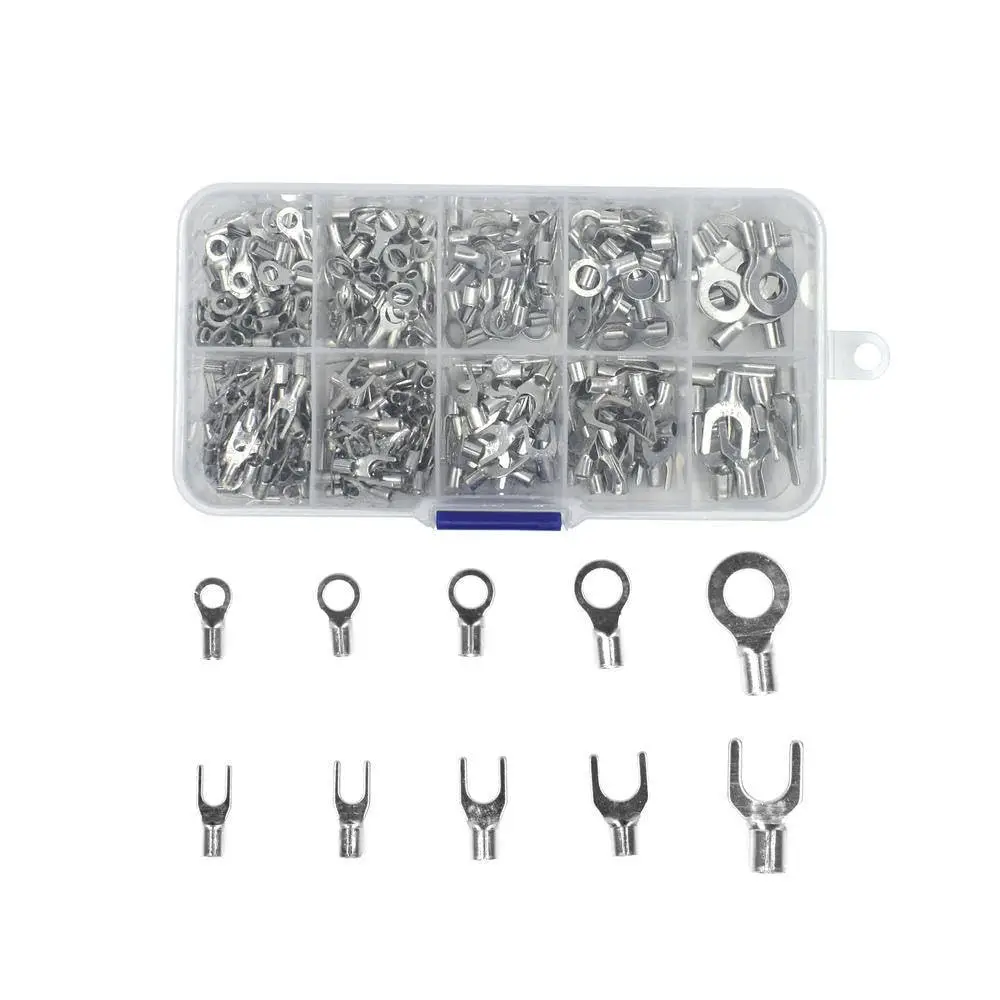 Wire Connectors 200/320Pcs 10 in 1 Non-Insulated Ring Fork U-Type Brass Terminals Assortment Kit Cable Crimp Spade
