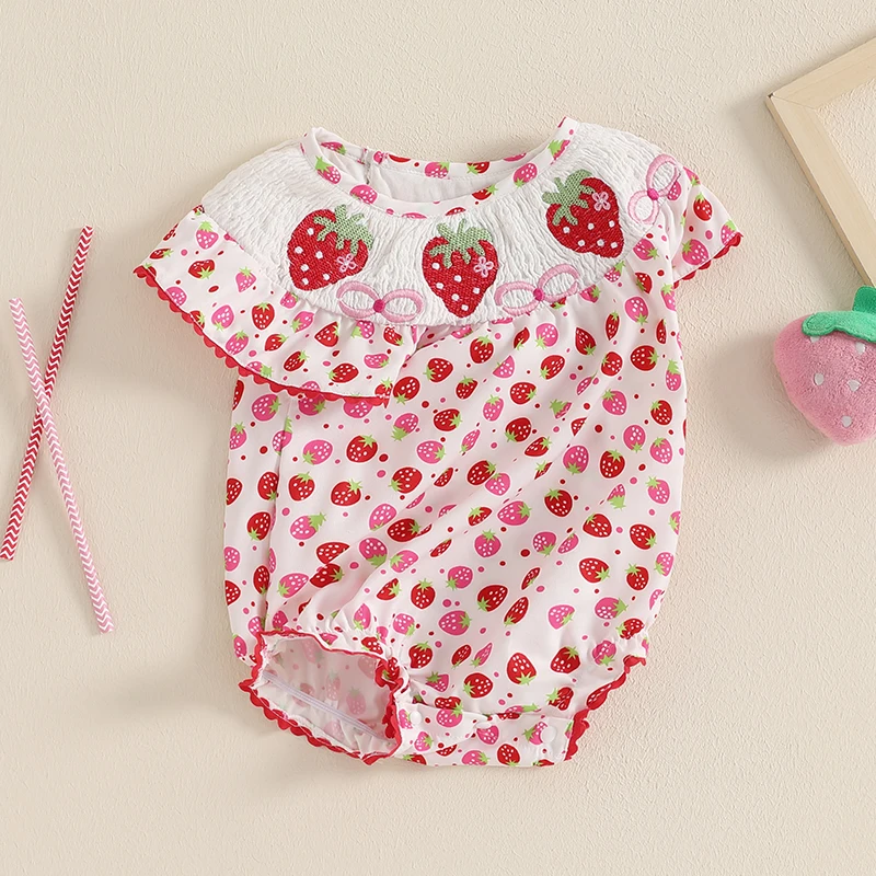 Baby Girl Strawberry Outfit Strawberry Print Smocked Romper Short Sleeve Jumpsuit Birthday Overall Summer Clothes 2