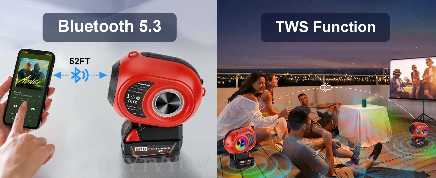 Bluetooth Speaker for Milwaukee 18v Battery Wireless Speaker with HD Sound BT 5.