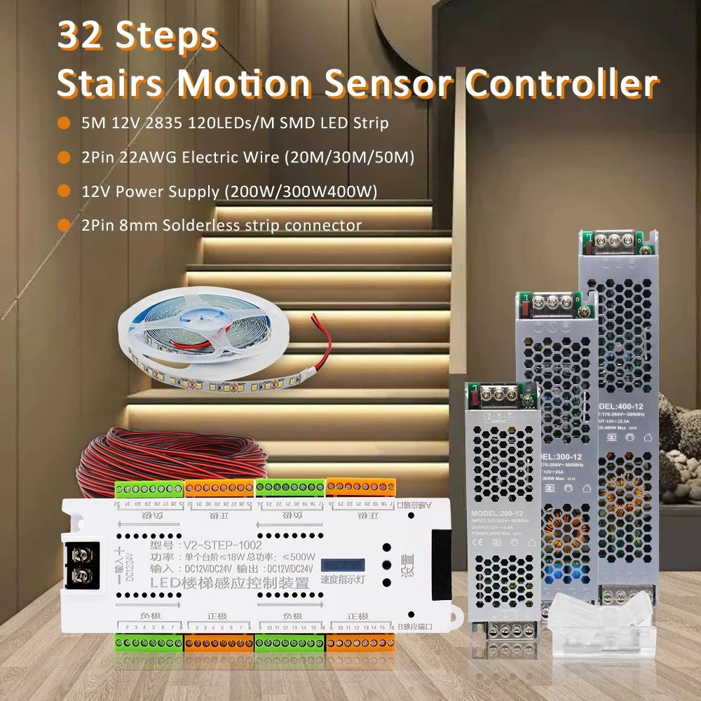 LED Faixa Controlador Sensor de Movimento, Fita Escada Lâmpada, Luz Noturna, Automático, Interior, Flexível, DC, 12V, 24V, 32 Canais