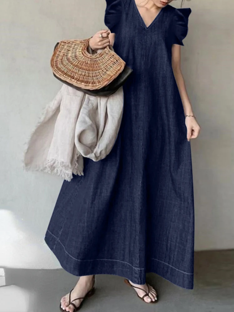 

Elegant Casual Denim Blue Temperament Commuting Vneck Bohemian Loose Dress Sleeveless Street Clothing Summer 2023