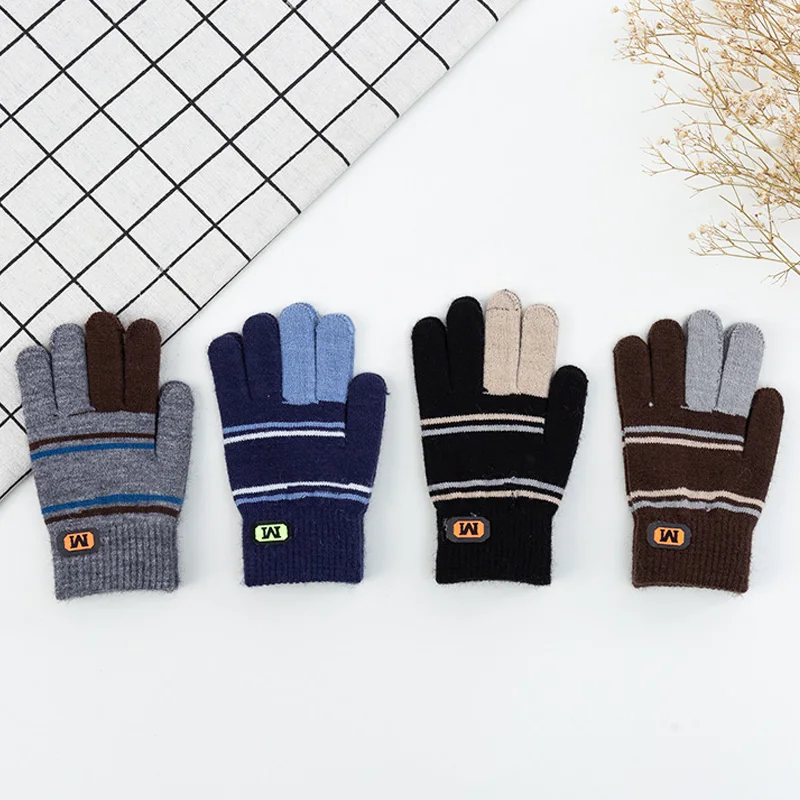 Children Gloves 5-12 Years Boys Knitted Autumn Warm Split Finger Color Matching Winter Outdoor Playing Boys Gloves
