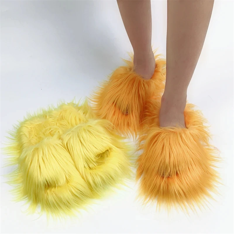 Faux Fur Slippers 2023 Women Winter Plush Warm Home Flat Slides Mongolian Wool Flip Flops Y2K Girls Furry Shoes Cute Slippers