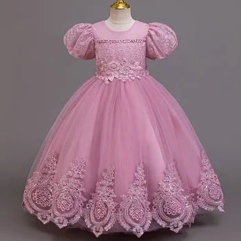 Girls' chiffon retro princess dress 4-12 years old flower embroidery long dress banquet host fashion high-end performance dress 1