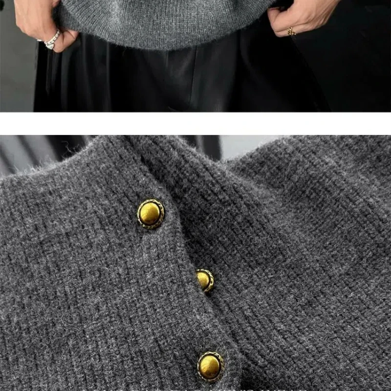 Vintage Trend Casual Autumn Winter New Men Turtleneck Solid Button Fashion Luxury Business Long Sleeve Pullovers Knitted Tops 4