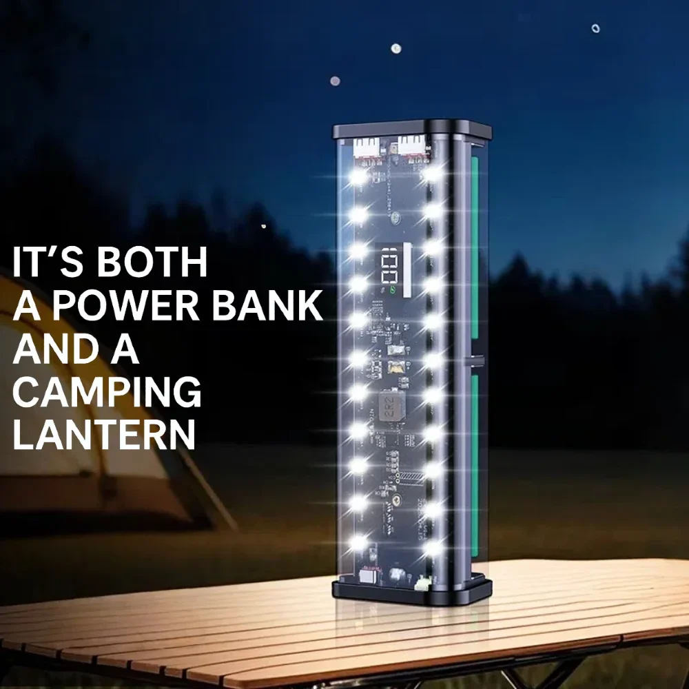 20000mAh 22.5W 모바일 전원 DIY 케이스 납땜 없음 6*18650 배터리 상자 DIY 충전 전원 LED 조명이있는 투명 쉘