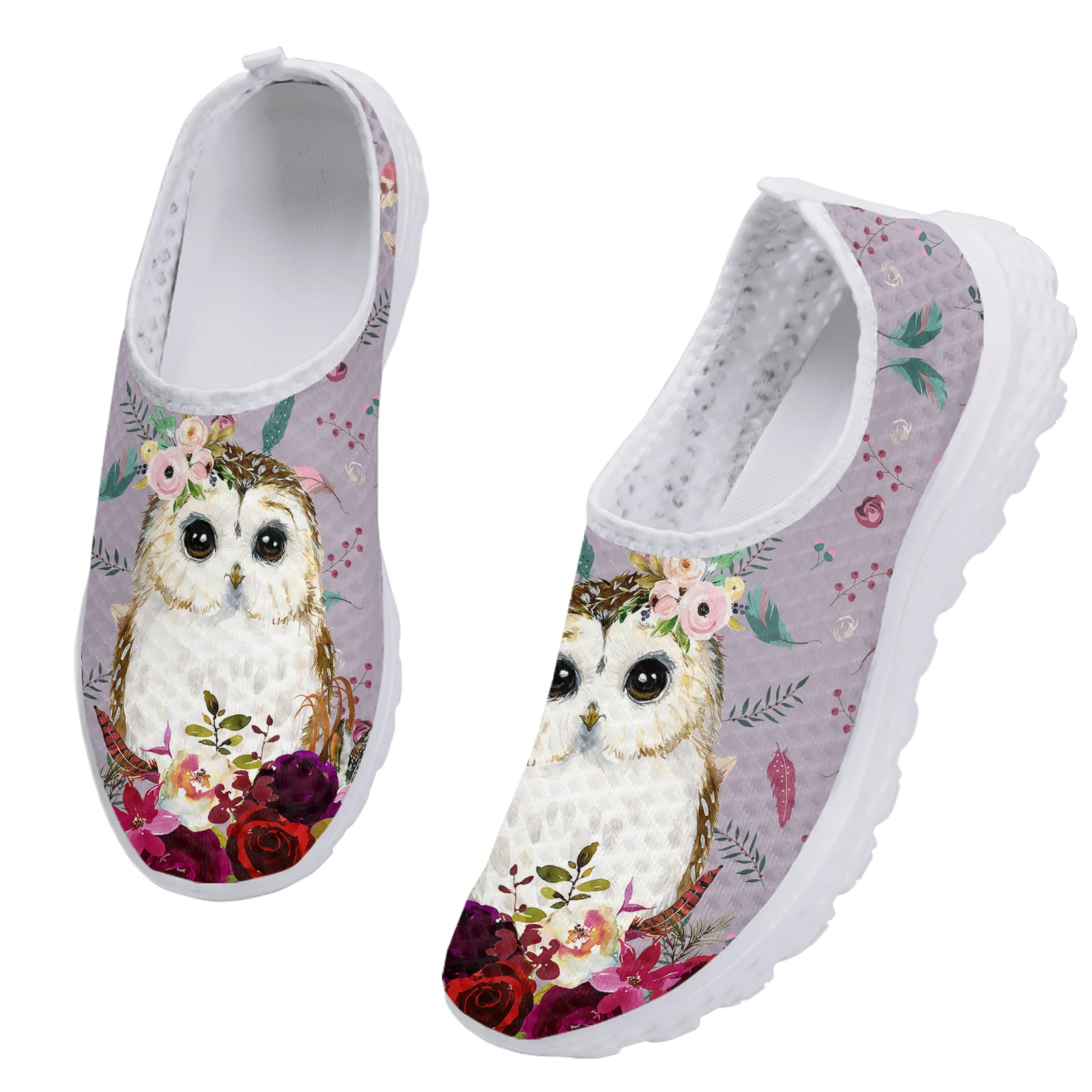 Lavender Cartoon Owl Flower Print Lightweight Flat Loafers Ladies Animal Print Summer Breathable Mesh Shoes Zapatos