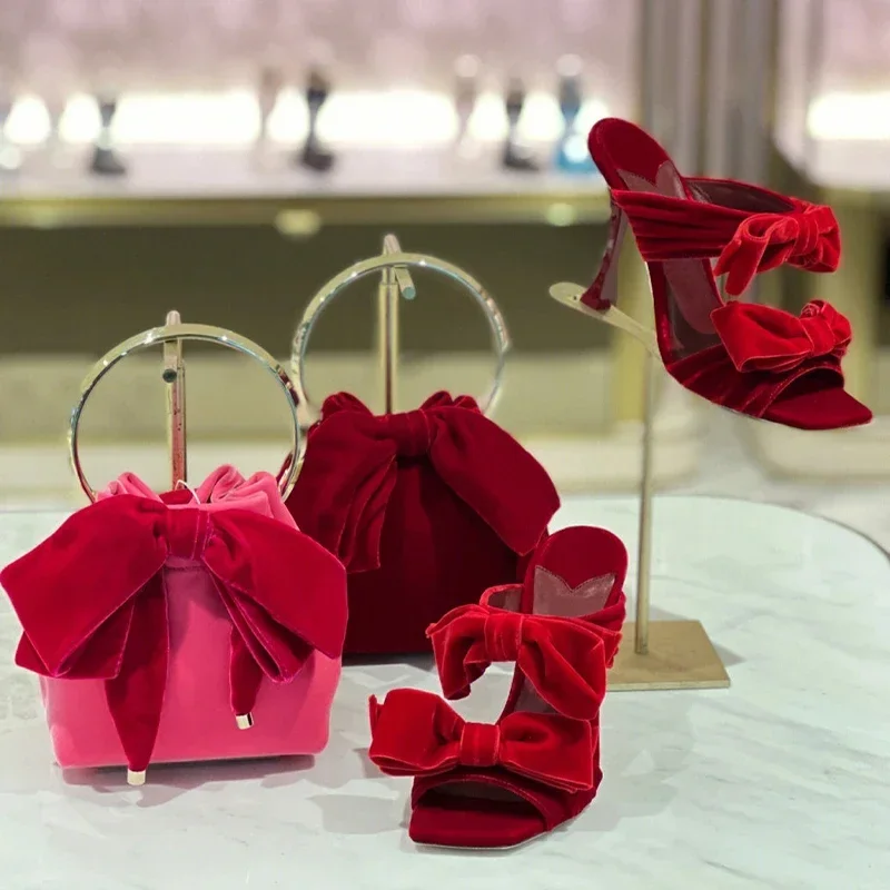 Bowtie Sugar Pink Velvet Sandals 2024 New Celebrity Slippers Square Toe Open Toe Thin Heels Black High Heels