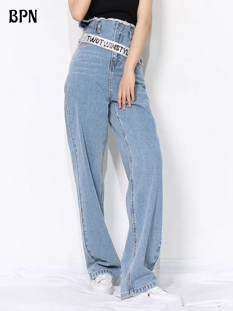 BPN Casual Patchwork Denim Trouser For Women High Waist Tunic Spliced Diamonds Straight Wide Leg Jeans Female Fashion Clothing