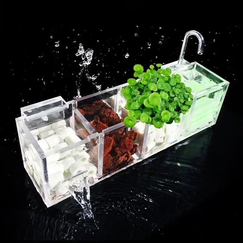 

Fish Tank External Filter Acrylic Filter Dry and Wet Separation 3 in 1 Small Silent External Suspend Aquarium Drip Overflow Box