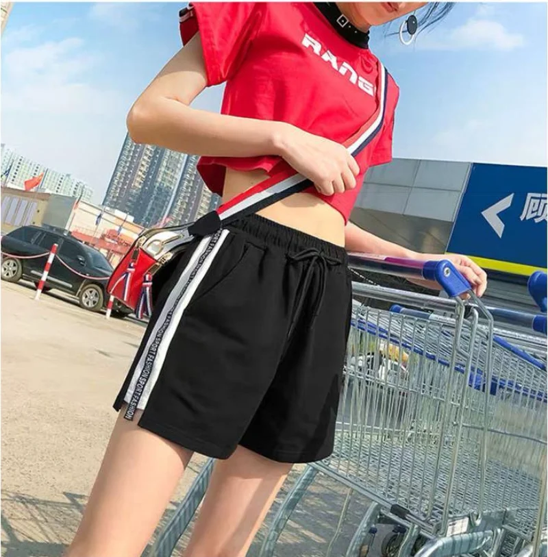 Short Pants for Woman To Wear Fitness Women's Shorts Black Cotton Graphic Sport Running with Belt Gym Sports Streetwear New In