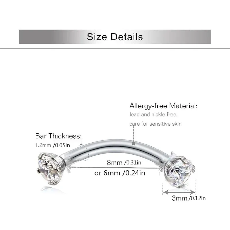 Detailed view of geometric stainless steel eyebrow and labret studs.