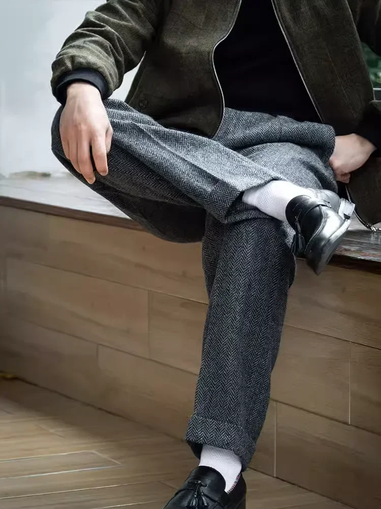 Men Pants Autumn Winter Retro Wool Tweed Loose Straight High Waist Long Pockets