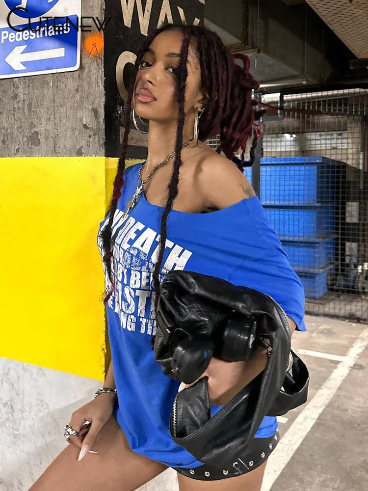 Casual Letter Print Women T-shirts Summer Concise Incline Shoulder Short Sleeve Oversized Tees Female Wild Street Tops