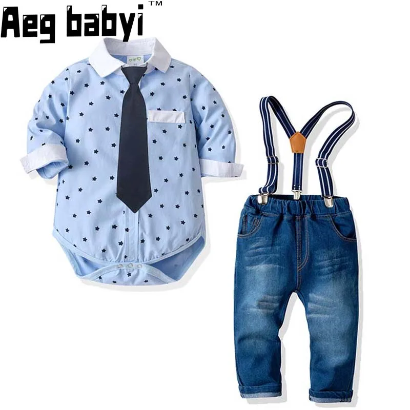 

Baby Boy Gentleman Suit Shirt Romper With Tie + Suspenders Pants 3Pcs Formal Kids Clothes Set little Boy Handsome Dress Suit