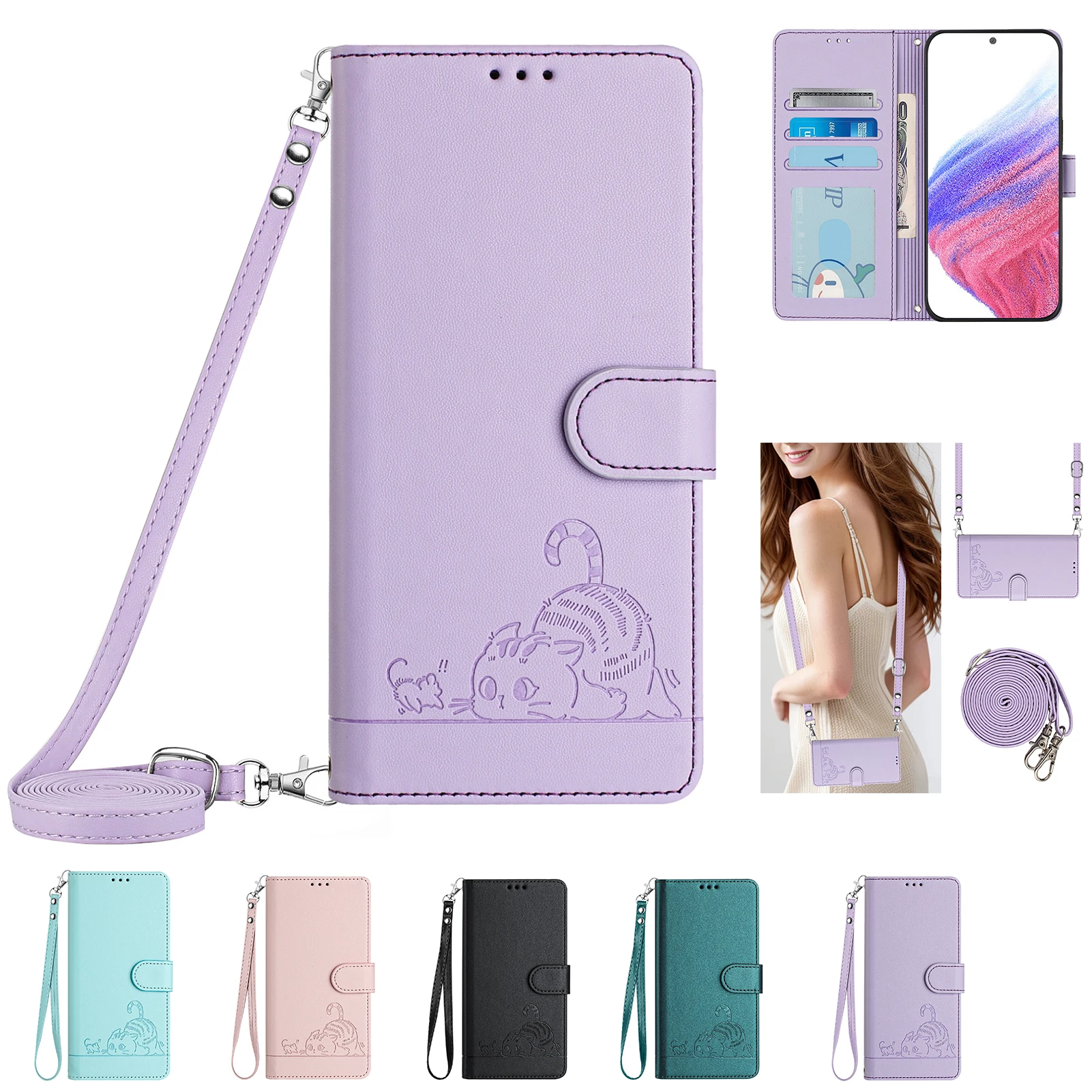 Cute Cat Crossbody Wallet Case For Sharp Aquos R9 Wish