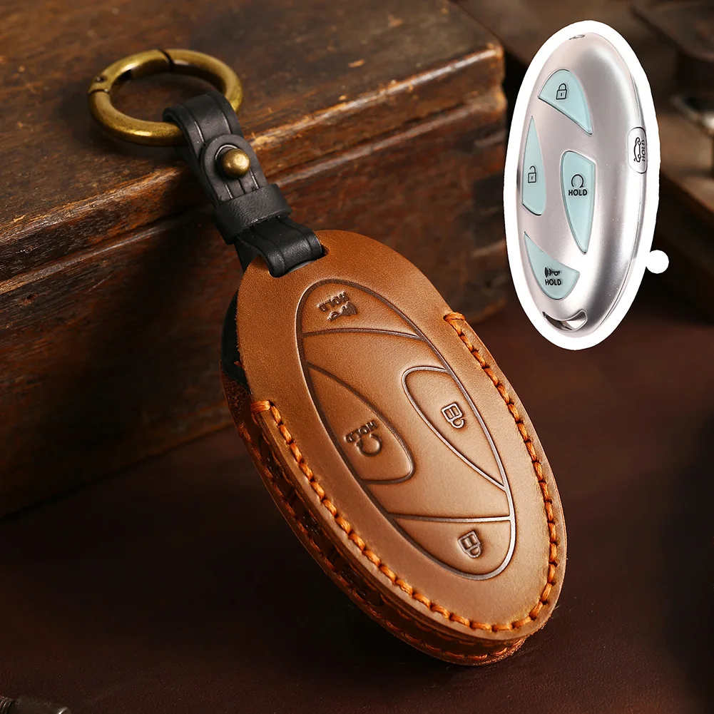 

Cowhide Leather Car Key Case Key Chain For Hyundai Ioniq 6 EV 5 Buttons Car Key Shell Cover Case Decoration Accessories