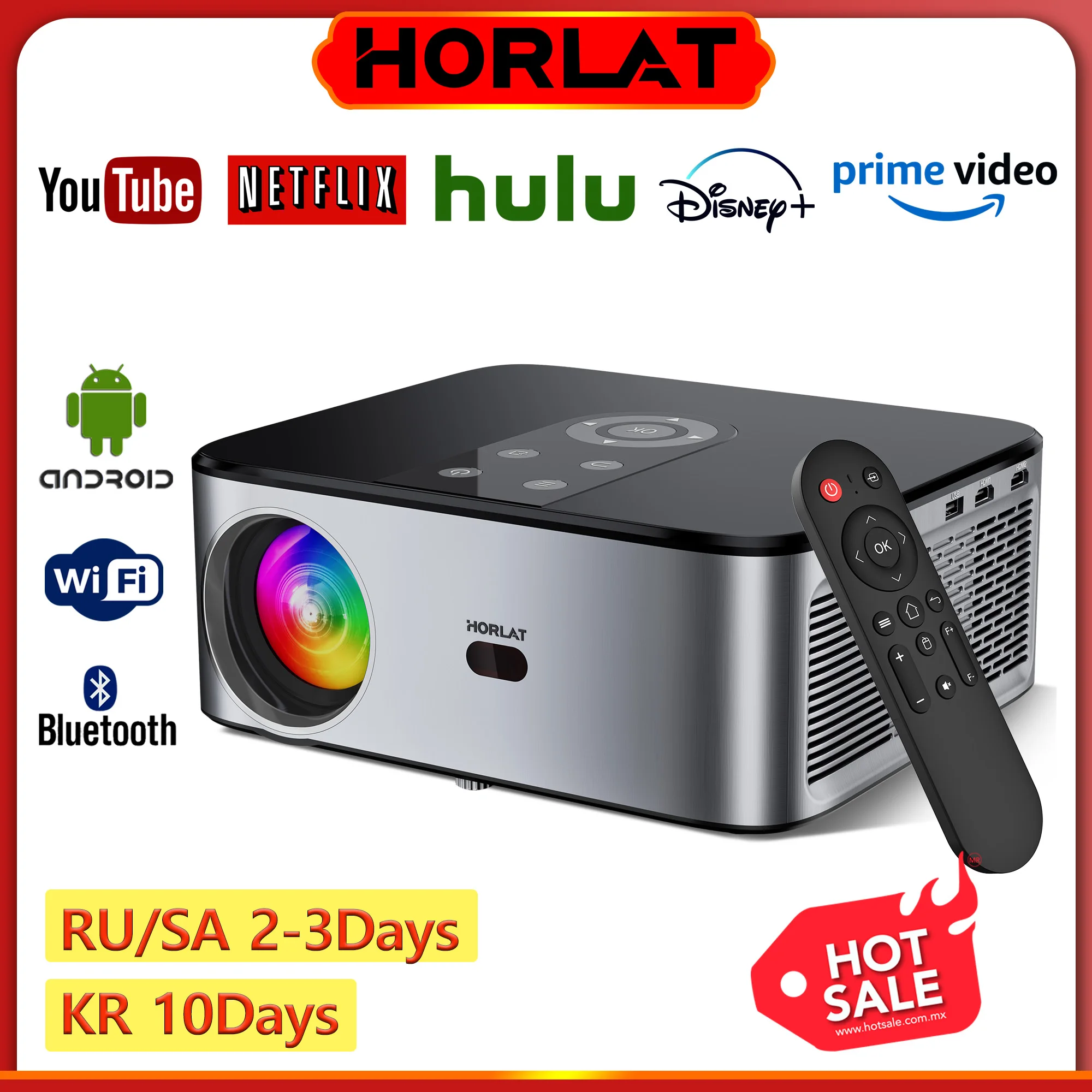 Proyector 4K Horlat 1500 ANSI Lúmenes Con Google TV - 38000 Lúmenes, Enfoque Automático, WiFi6, Bluetooth 5.2