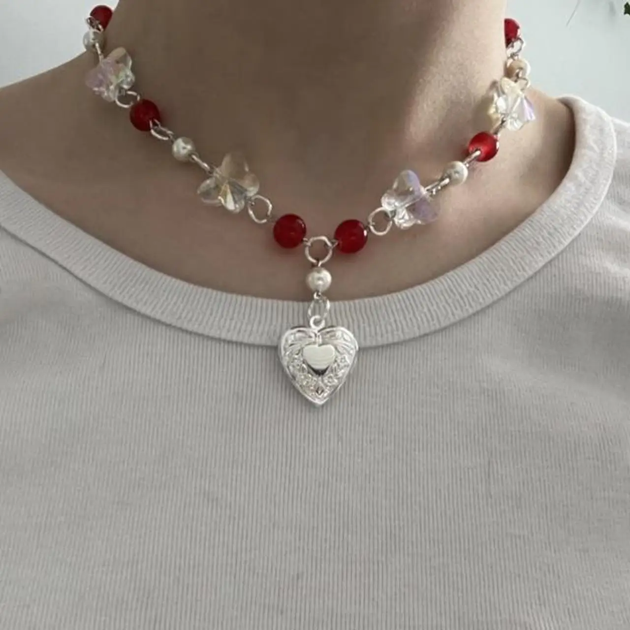 pearl butterfly rosary necklace Butterfly Heart cottage core soft