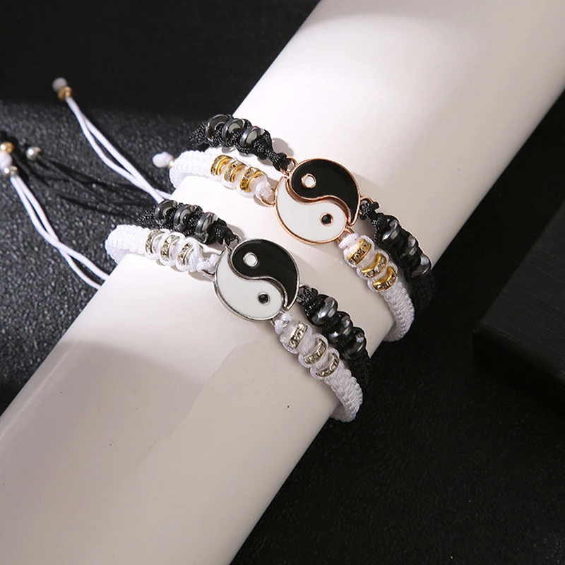 2Pcs Tai Chi Yin Yang Couple Bracelets Necklaces Set Pendant Adjustable Braid Chain Bracelet Matching Lover Bracelets Choker bangle bracelet chain bracelet woven bracelets