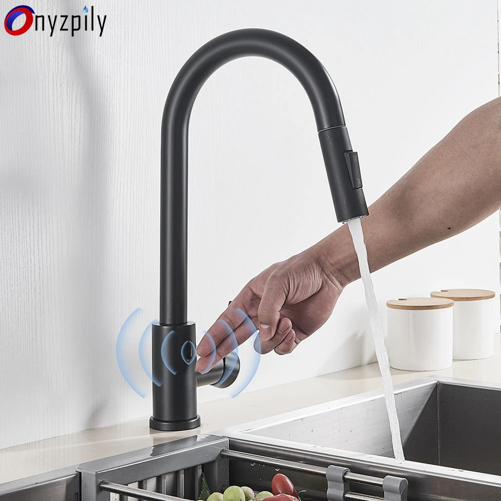 Onyzpily Matte Black Induction Kitchen Faucet Touchless Sense Faucets Pull Out Sink Tap Hot Cold Water Mixer Brushed Gold Taps kitchen faucet sale