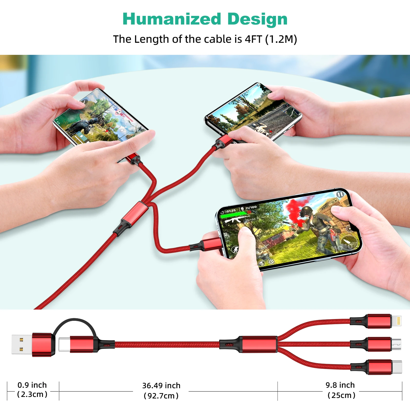 รูปสินค้า สายชาร์จ 3 พอร์ต 1.2 เมตร ชาร์จเร็ว iPhone Huawei