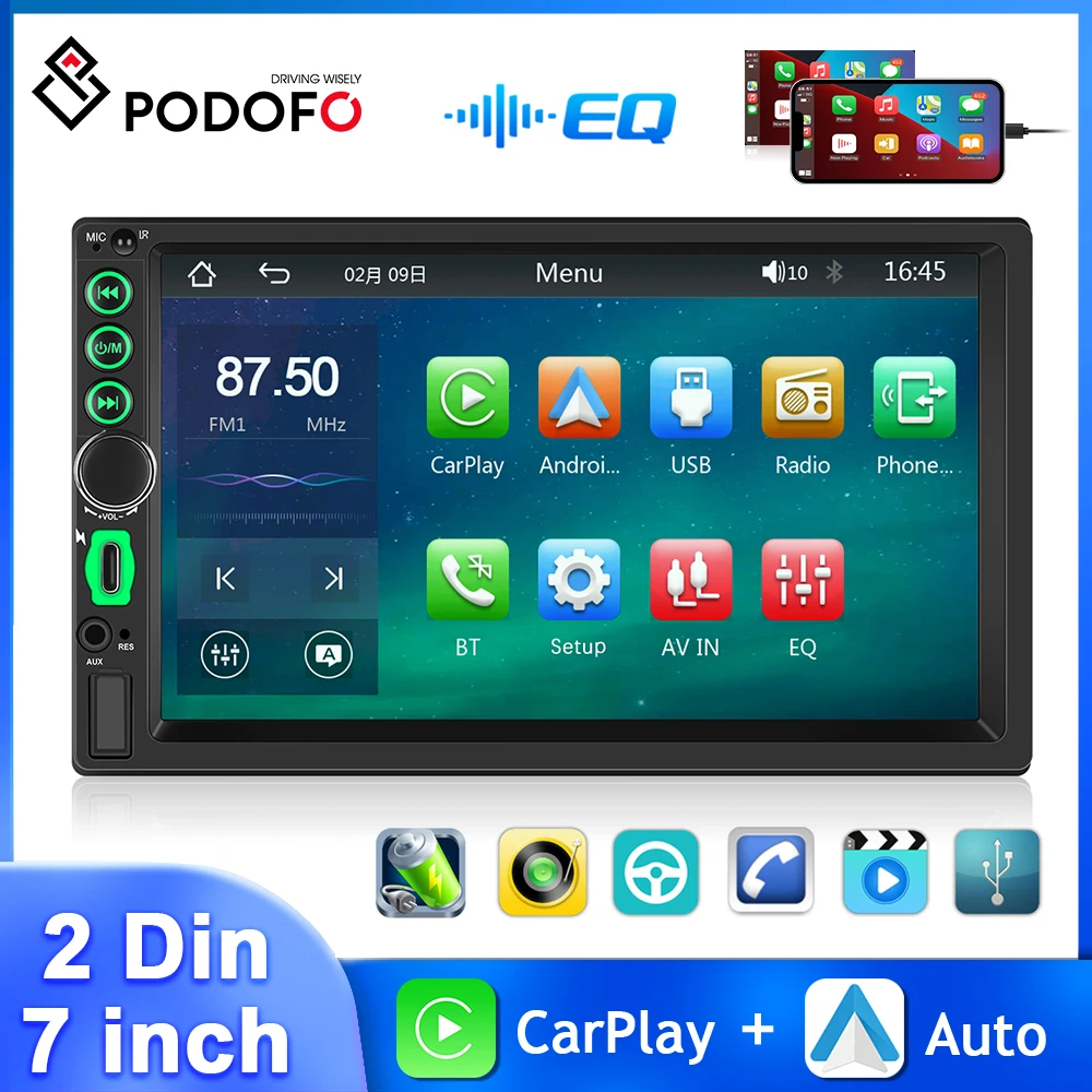 

Podofo 7 Inch 2Din Car Radio Wireless Carplay Android Auto Multimedia Mp5 Player Bluetooth Rearview Camera Universal Car Stereo
