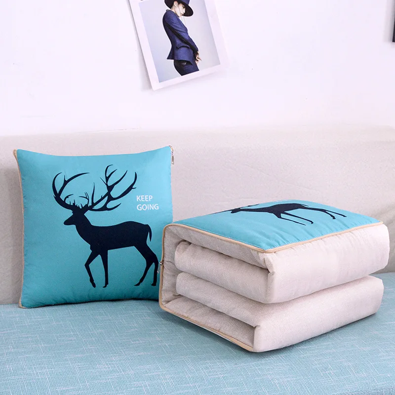 2 In 1 Pillow Travel Quilt Blanket Cartoon Thick Throw Pillow Portable Foldable Air Conditioner Cushion Blanket Car Sofa Office 