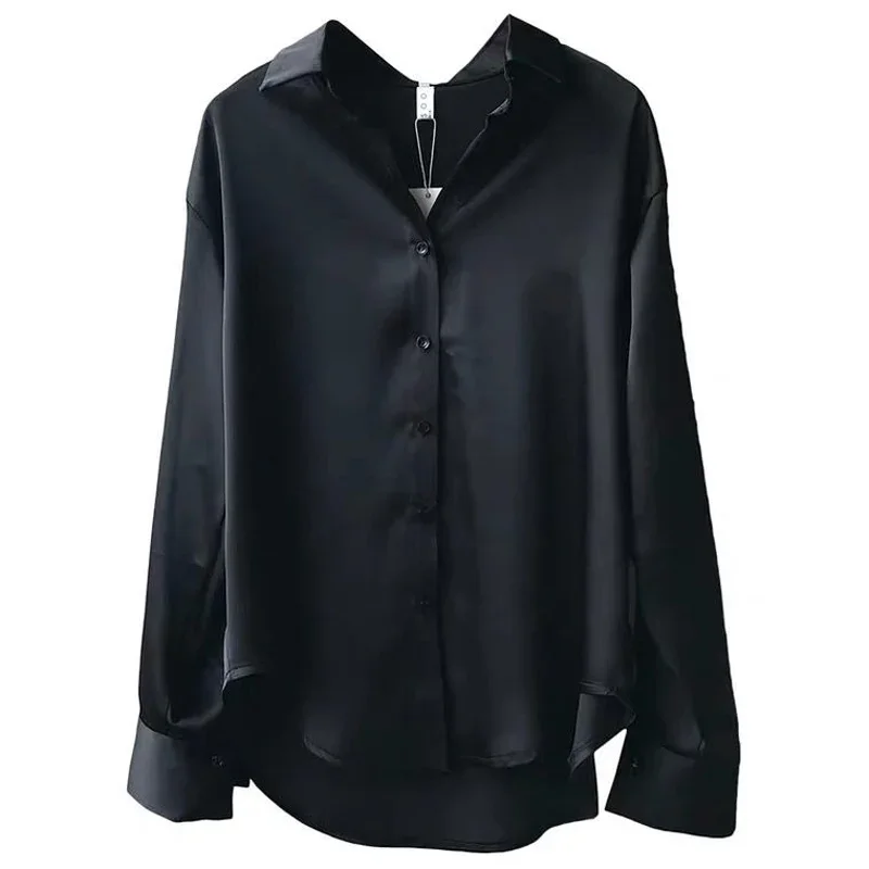 2024 Summer Spring Button Satin Silk T Shirt Vintage Blouse Women Lady Long Sleeves Female Loose women Top Solid ropa de mujer