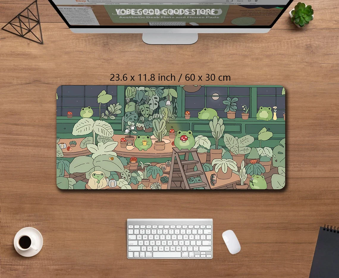 Tapete de Mesa Sapos Kawaii Grande Jogo Mousepad Fofo Mouse Pad Anime Cozi Lofi Estético Planta Natureza Verde Deskmat Estendido xl - Imagem 4