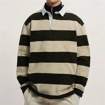 Polo da uomo a righe alla moda semplice Polo da golf stampata in 3D a maniche lunghe autunnale casual Top larghi e comodi con risvolto