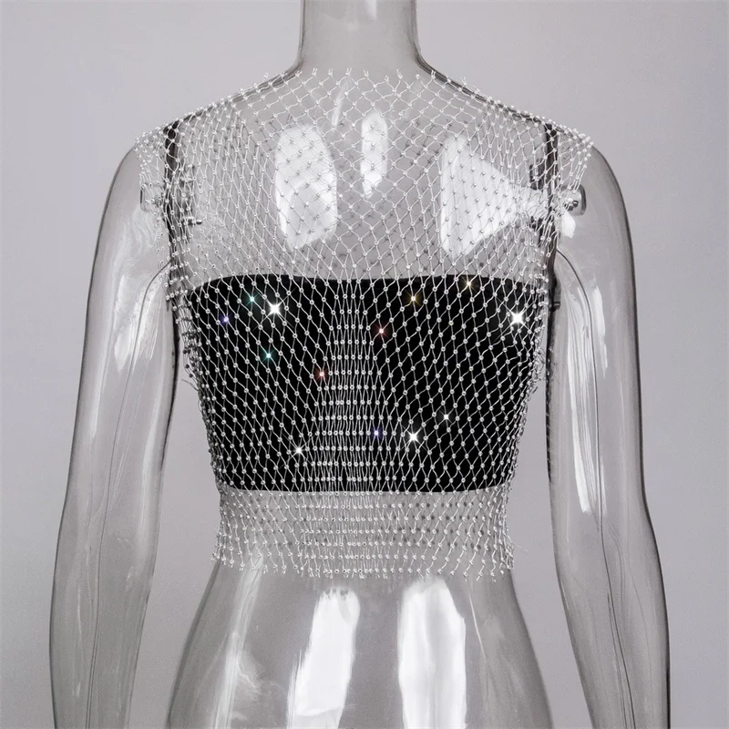 Sexy Diamanten Mesh Cropped Tank Top Frauen Sommer Cover Up Bikini Durchsichtig Strass Net Party Club Crop Top – Detail 11