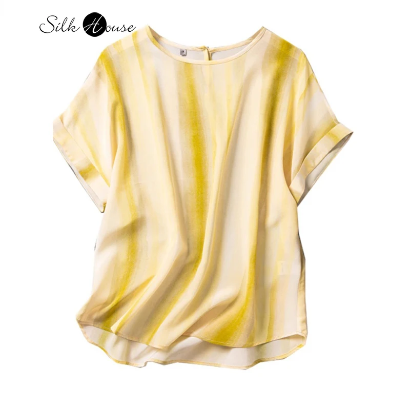 

2024 Women's Summer New Simple Yellow Halo Dyed Vertical Stripe 100%Natural Mulberry Silk Crepe De Chine Short Sleeved T-shirt
