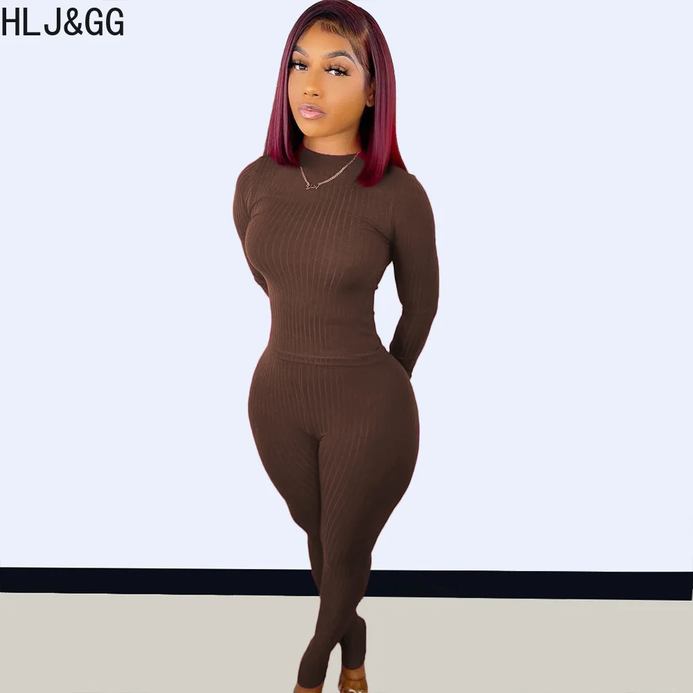 HLJ&GG Casual Solid Color Ribber Two Piece Sets Women Round Neck Long Sleeve Top + Legging Pants Tracksuits Female 2pcs Outfits