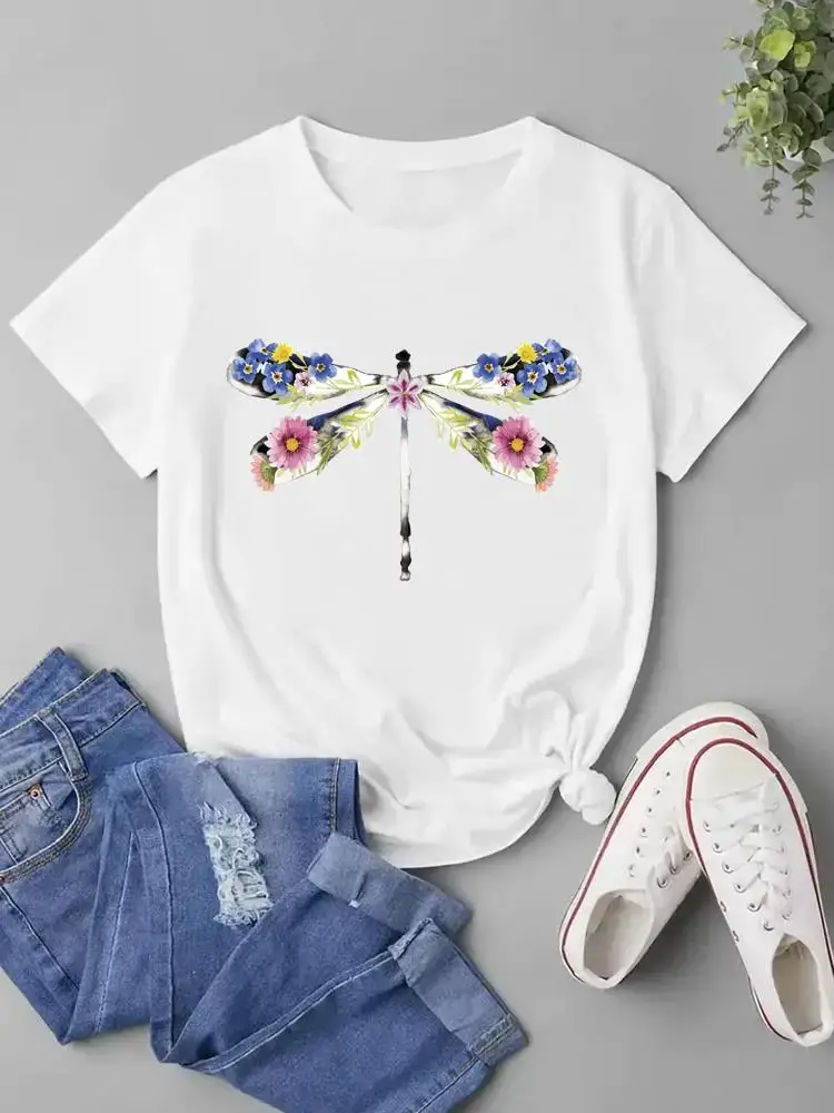 

Floral Dragonfly Trend Cute Short Sleeve Clothing Fashion O-neck T Shirt Graphic T-shirts For Women Print Tee Top Womens Clothes