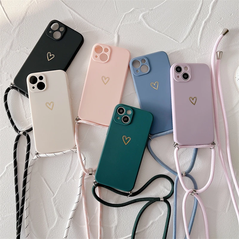 Crossbody Necklace Strap Lanyard Phone Case For iPhone 13 11 12 Mini Pro XS Max XR X 7 8 Plus SE 3 2 Silicone Love Heart Cover 13 pro max case