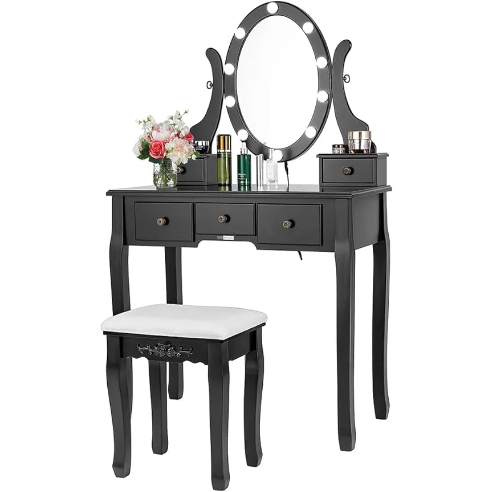 

Makeup Vanity Set with 10 Dimmable LED Bulbs,Dressing Table 360° Rotating Lighted Mirror and Cushioned Stool,Black