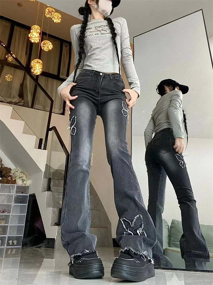 

Women's Patch Embroidered Butterfly Design Skinny Jeans High Waist Vintage Street Micro Flared Pants Female Straight Trousers
