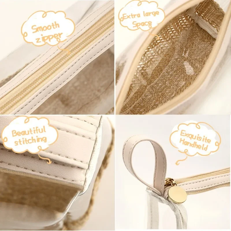 Durable Women's Grass Knitted Handheld Cosmetic Storage Bag Transparent Toilet Products Cosmetic Handheld Storage Bag 5