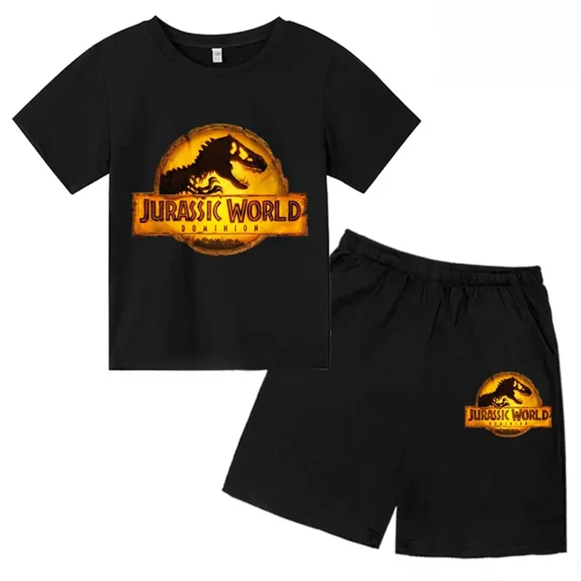 thumbnail image 1 of Conjunto de 2 piezas de camiseta y pantalones cortos con estampado de dinosaurio de Jurassic Park para niños y niñas, con estampado de dibujos animados de verano, 1 of 5