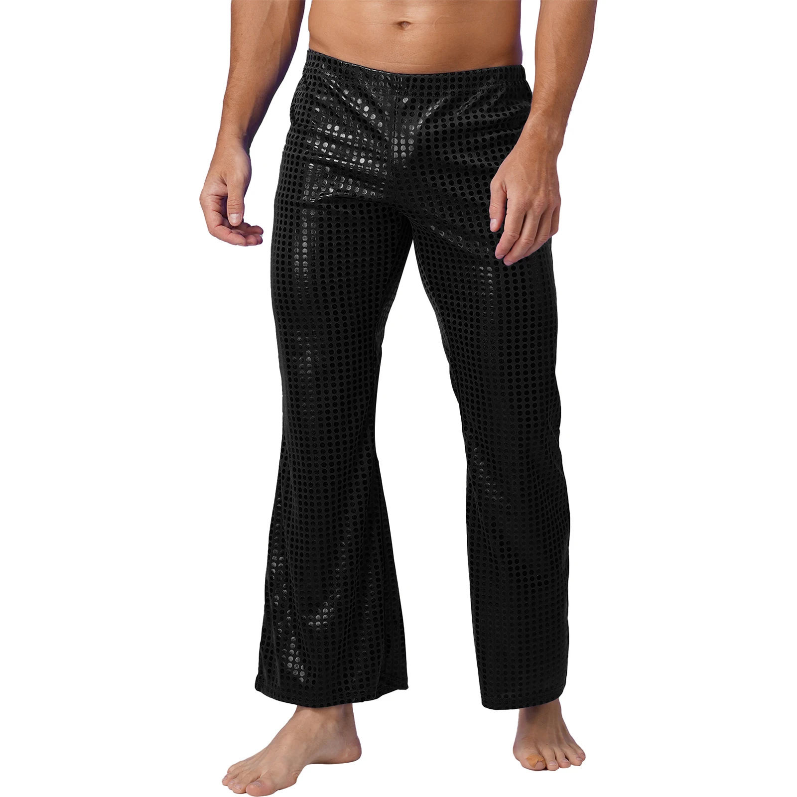 Mens Shiny Sequins Long Pants Disco Dance Pants Party Stage Performance Costume Bell Bottom Elastic Waistband Flared